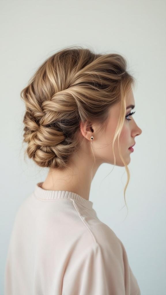 A woman with a braided side twist hairstyle, showcasing a stylish and elegant look.
