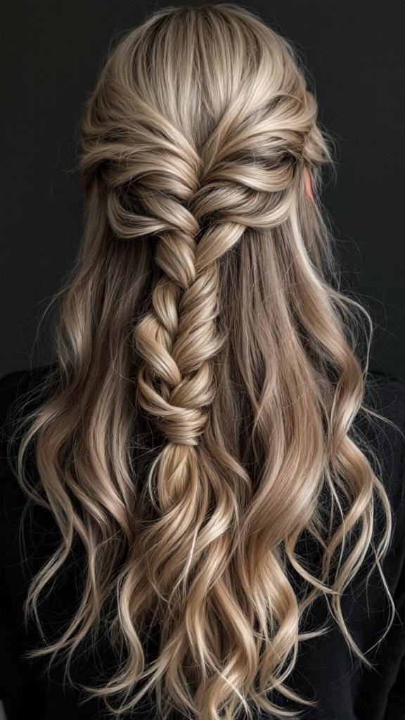 A twisted half-up hairstyle showcasing long, wavy hair.