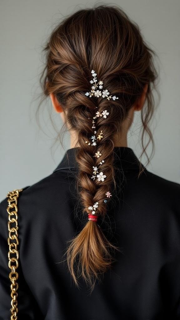 A curly braid adorned with small floral hair accessories, showcasing a stylish and professional look.