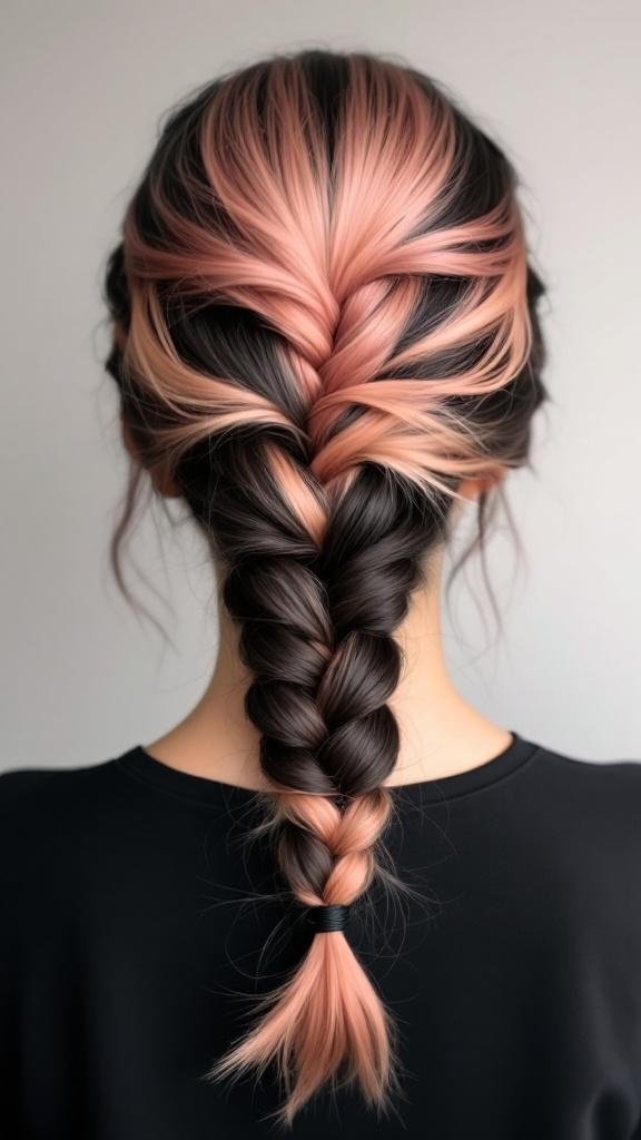 A braided hairstyle featuring rose gold hair color with dark roots.