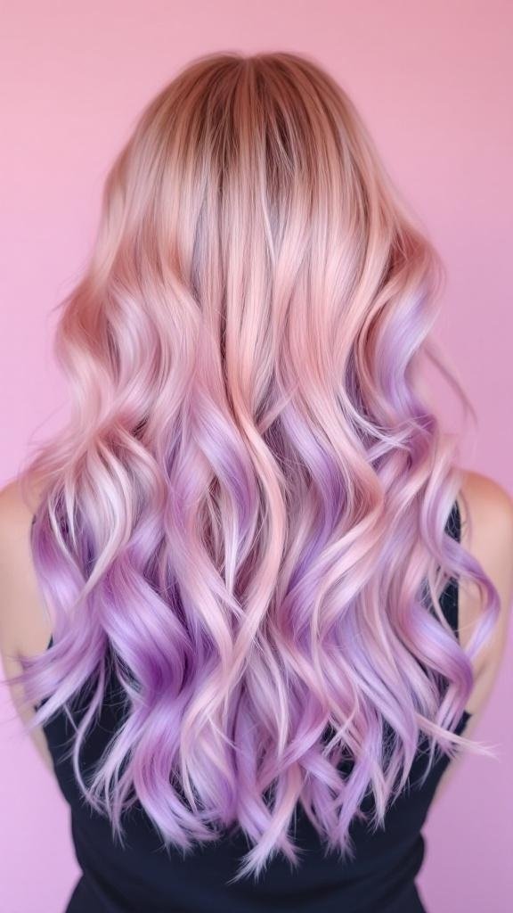 A hairstyle featuring rose gold hair with lavender tints, showcasing soft waves.