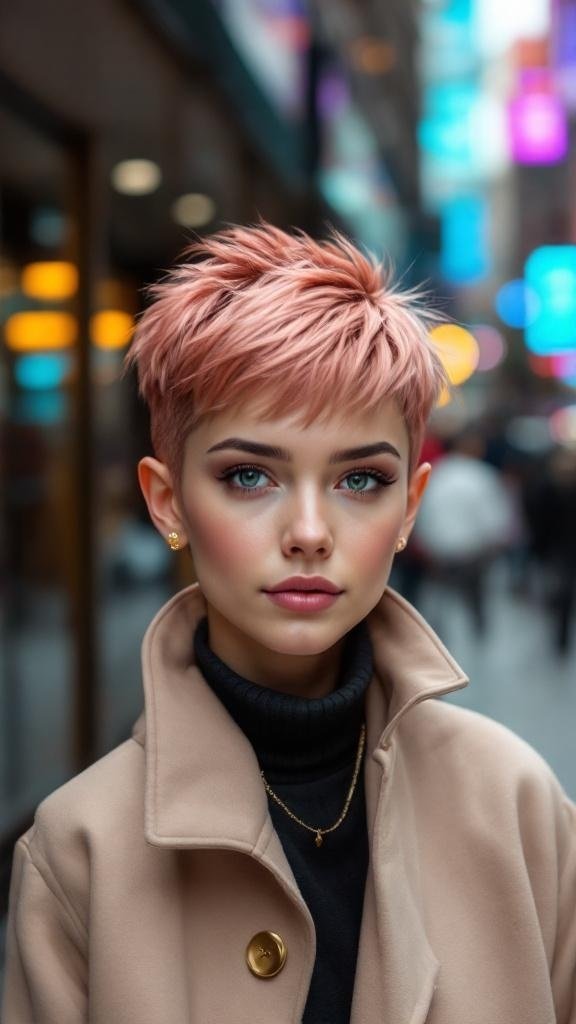 A stylish young person with a rose gold pixie cut, wearing a beige coat and black turtleneck, standing in a vibrant urban setting.