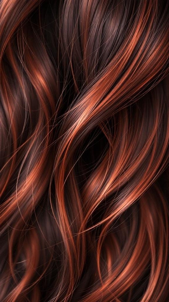 Close-up of hair with vibrant rose gold highlights on dark hair.