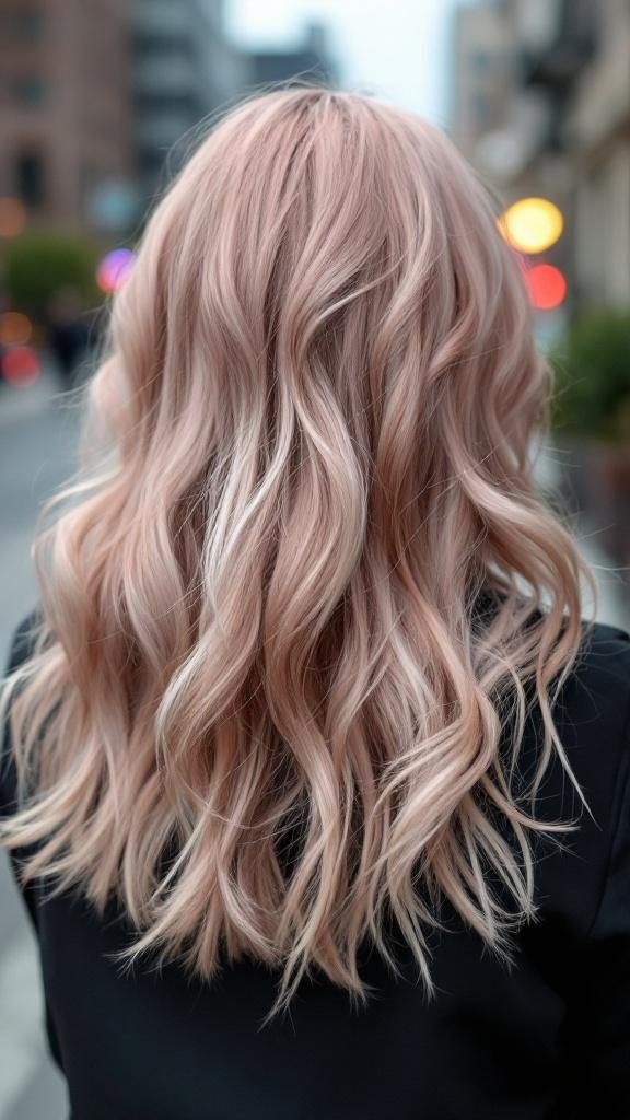 A person with long wavy hair dyed in rose gold color with silver undertones, viewed from the back.