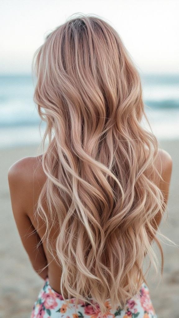 Long wavy hair in rose gold color, styled in mermaid waves.