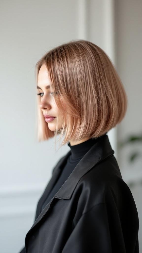 A woman with a rose gold long bob hairstyle, wearing a black top.