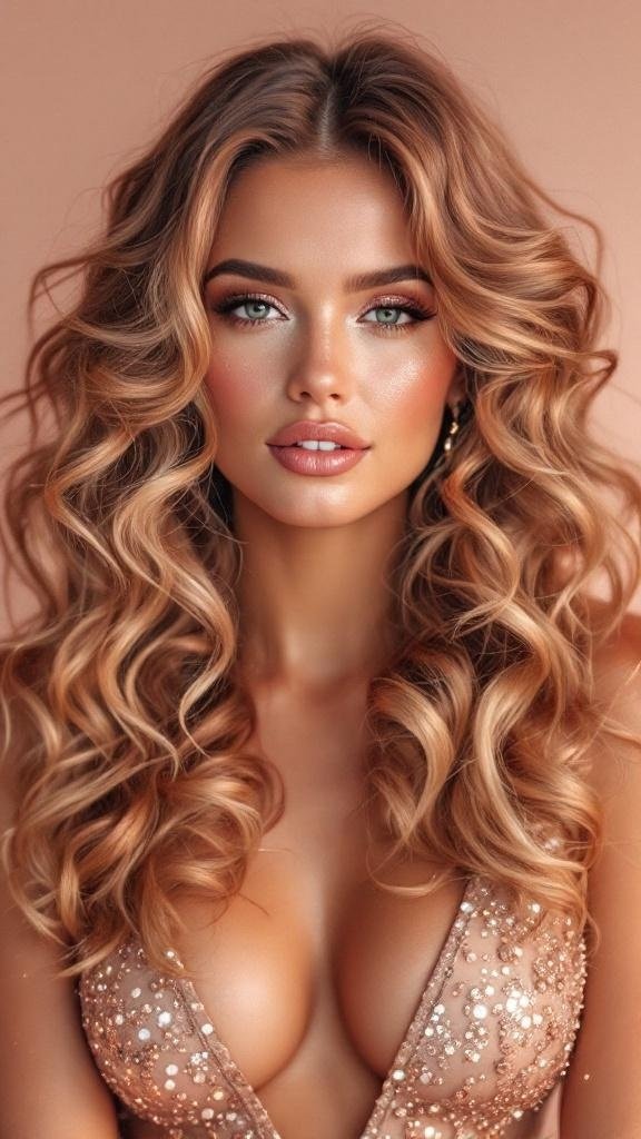 A woman with rose gold curly hair and a sparkling outfit.