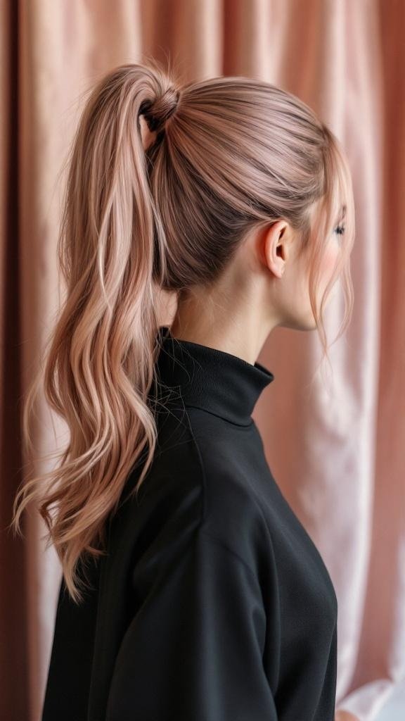 A woman with rose gold hair styled in a ponytail, showcasing ashy undertones.