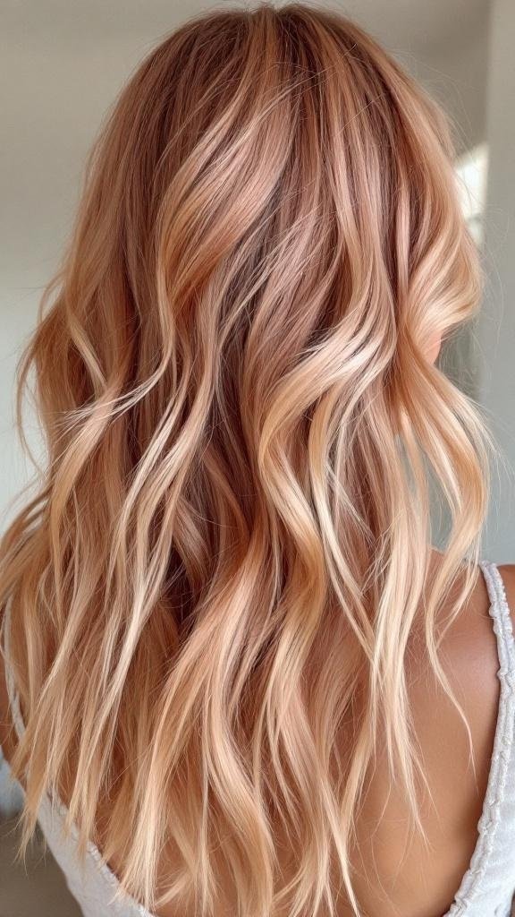 A hairstyle featuring rose gold hair color with subtle copper hues, showcasing soft waves.