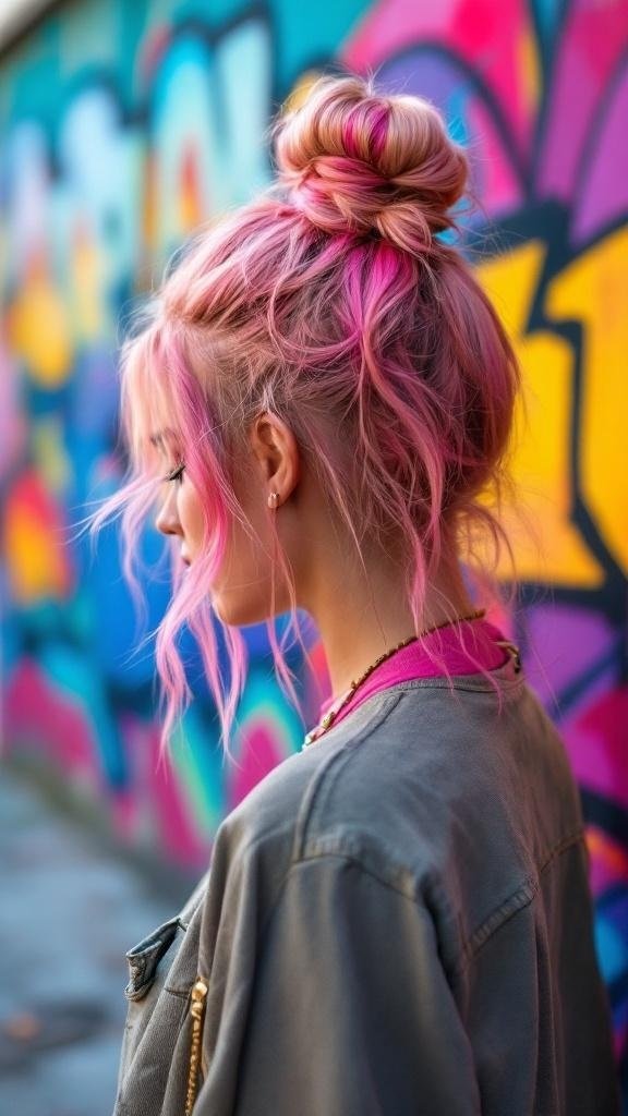 A woman with rose gold hair styled in a bun, featuring pink tips, standing in front of a colorful graffiti wall.