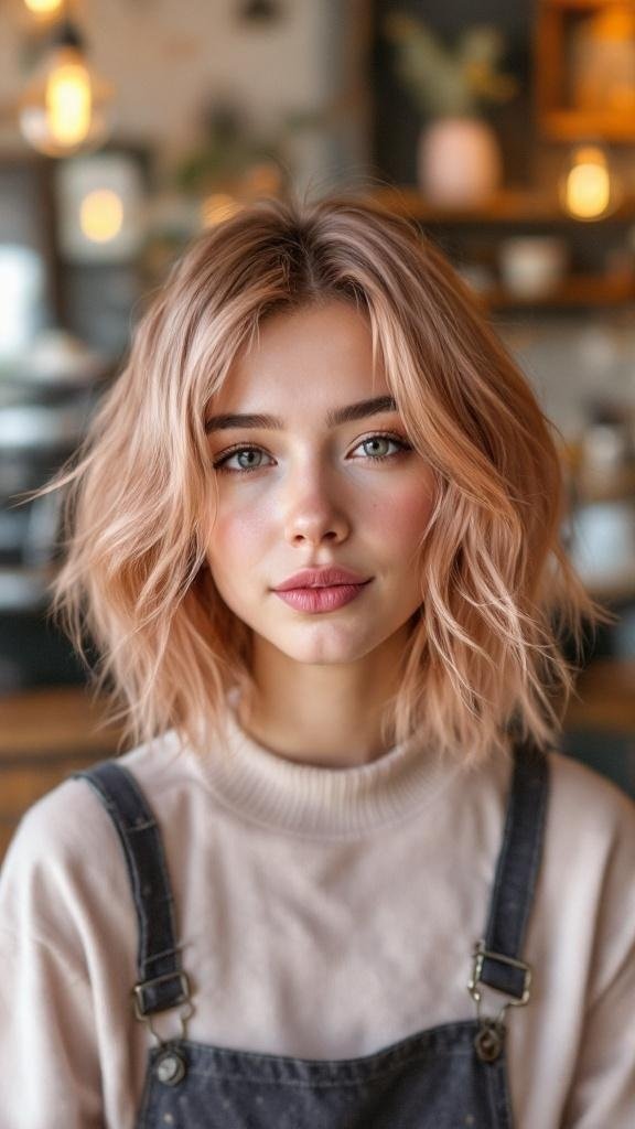 A young woman with a rose gold shag cut hairstyle, wearing a light sweater and denim overalls.