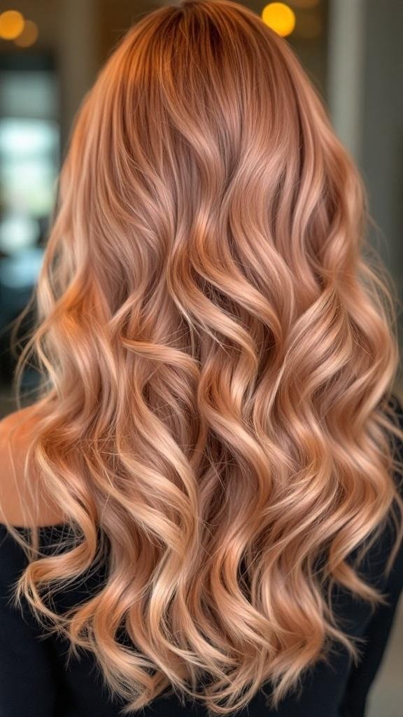A beautiful hairstyle featuring a blend of rose gold and champagne colors, styled in soft waves.