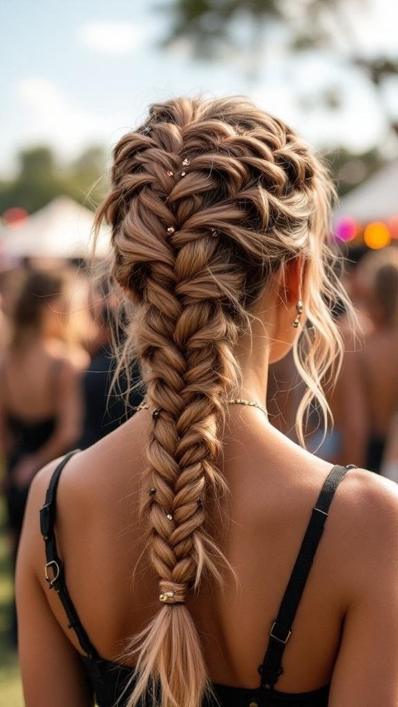 A woman with rose gold braided hair, showcasing a stylish and trendy look.