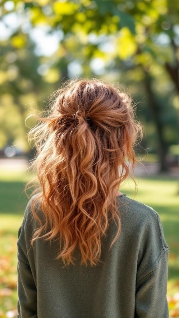 A person with rose gold hair styled in loose waves, wearing a green sweater, standing outdoors.