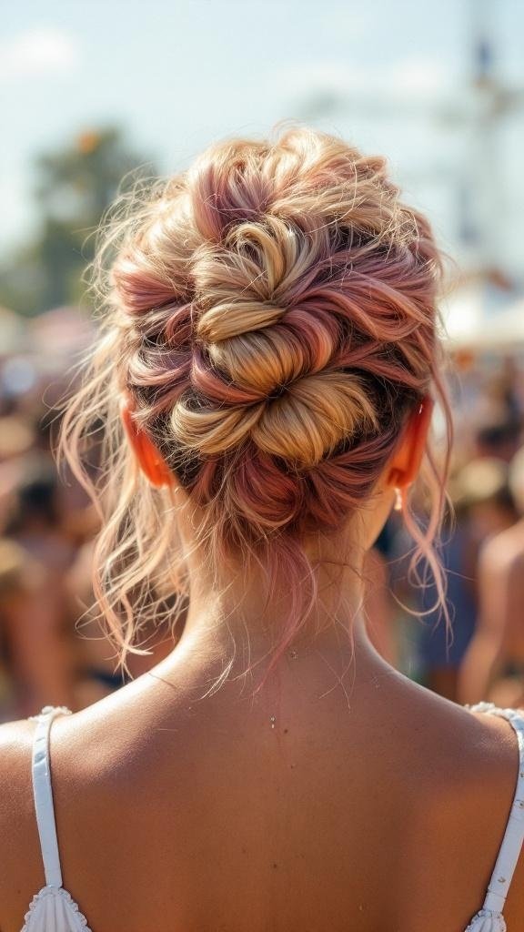 A woman with rose gold hair styled in a bun, featuring frosted tips.