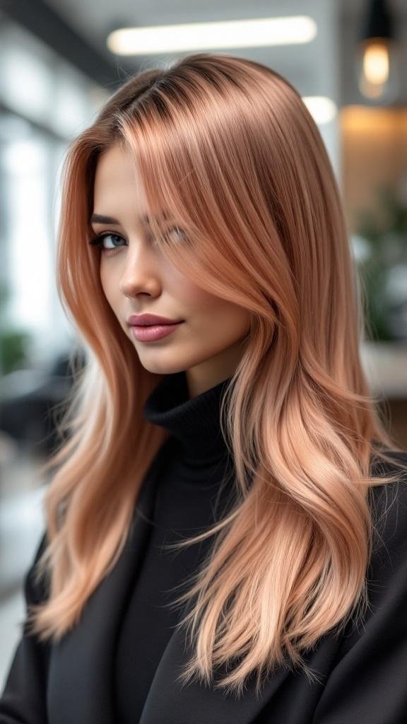 A woman with rose gold hair styled in loose waves and a side part, wearing a black turtleneck.