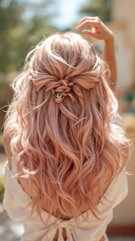 A woman with rose gold hair styled in feathered layers, showcasing soft waves and a delicate hair accessory.