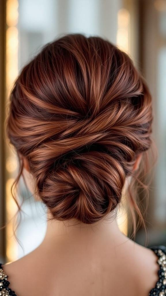 A hairstyle featuring rose gold and deep burgundy colors, styled elegantly.