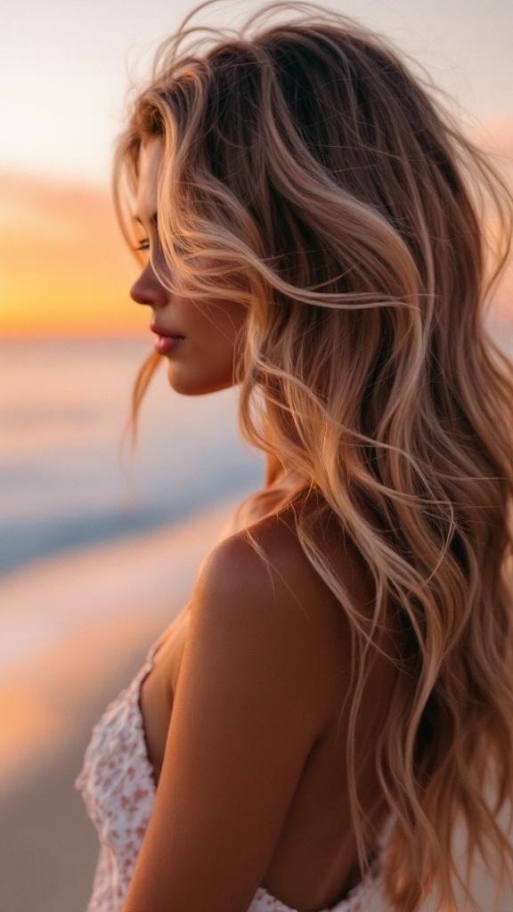 A woman with rose gold hair styled in beachy waves, standing by the ocean at sunset.