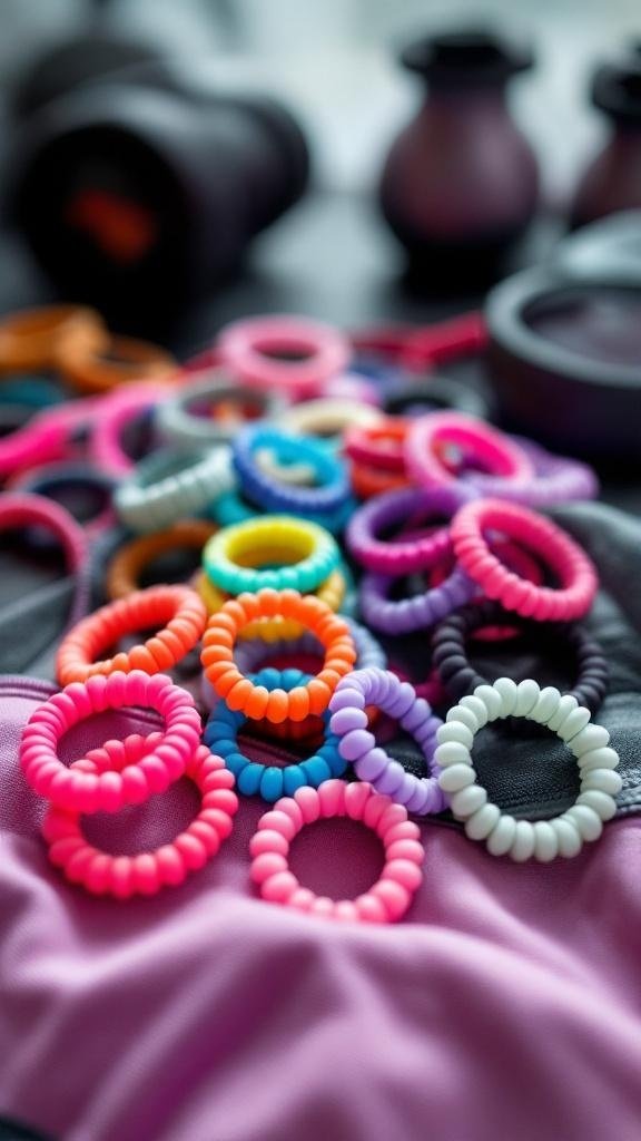 A colorful assortment of silicone hair ties on a fabric surface.