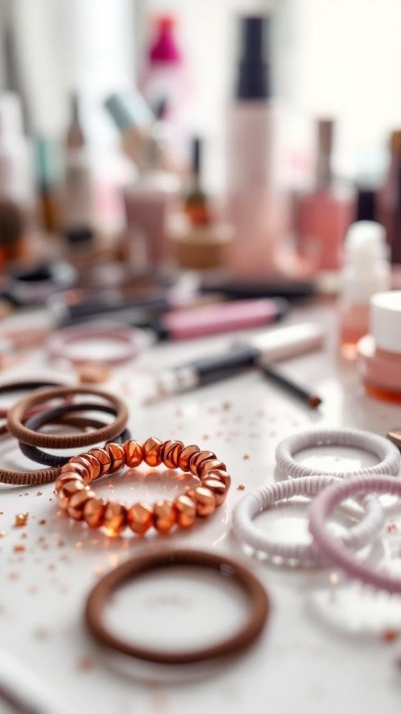A variety of metal-free elastic hair bands in different colors and styles on a table with beauty products.