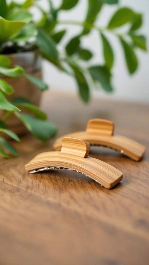 Two bamboo hair clips on a wooden surface with a plant in the background.