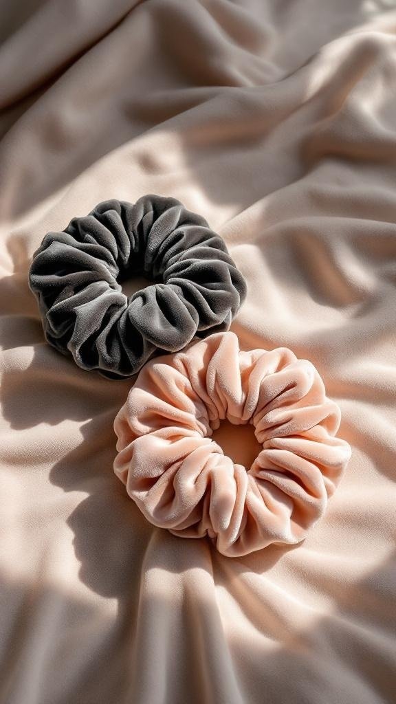 Two velvet scrunchies, one black and one peach, on a soft fabric background.