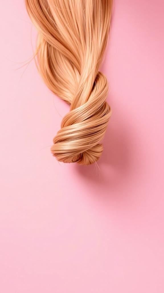 A strand of hair twisted into a spiral shape against a pink background.