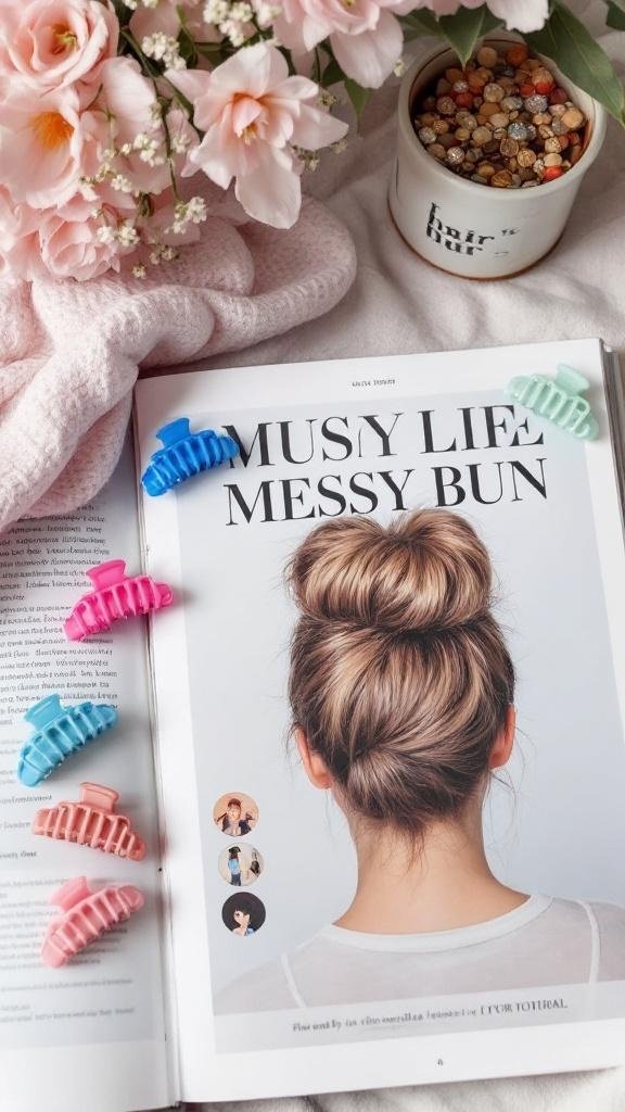 A magazine page featuring a messy bun hairstyle with colorful claw clips around it.