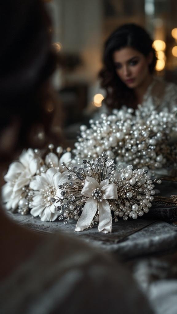 A collection of decorative hair pins with flowers and pearls, showcasing a chic look.