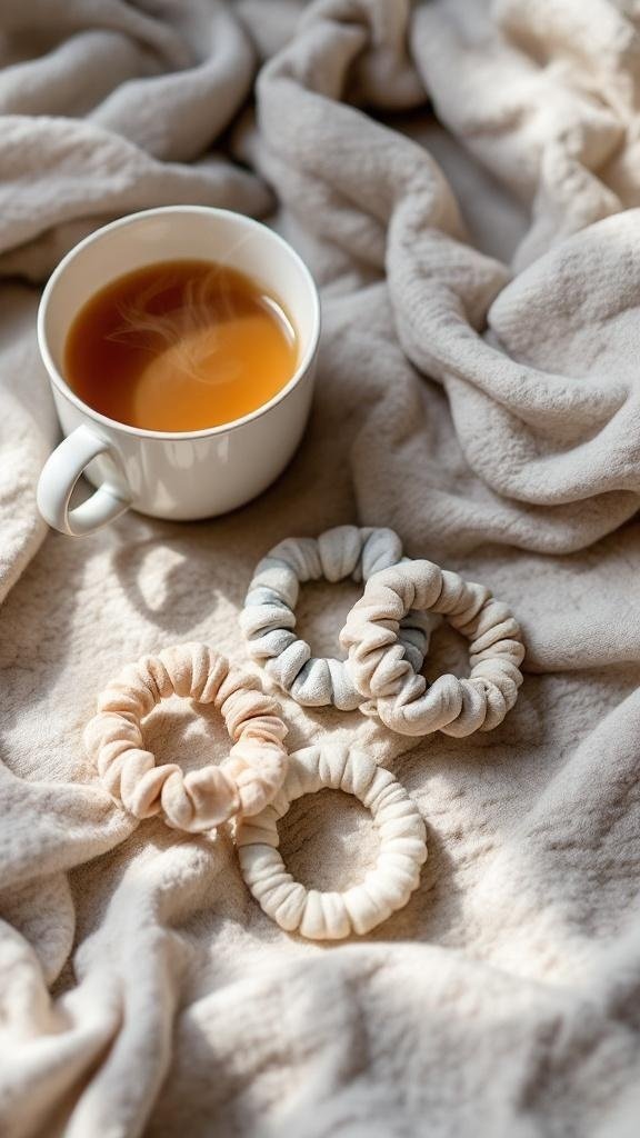 A cozy scene featuring cotton hair ties and a cup of tea.