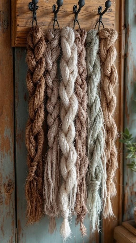 A collection of braided hair ties in different colors hanging on hooks.
