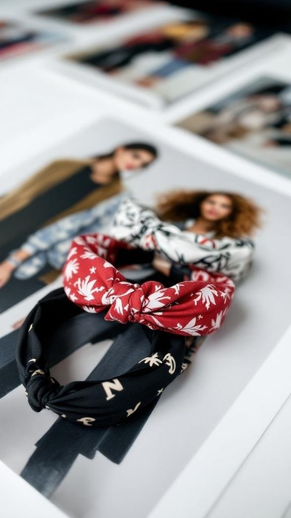 Fashion-forward hair bands with prints in red and black on a table.