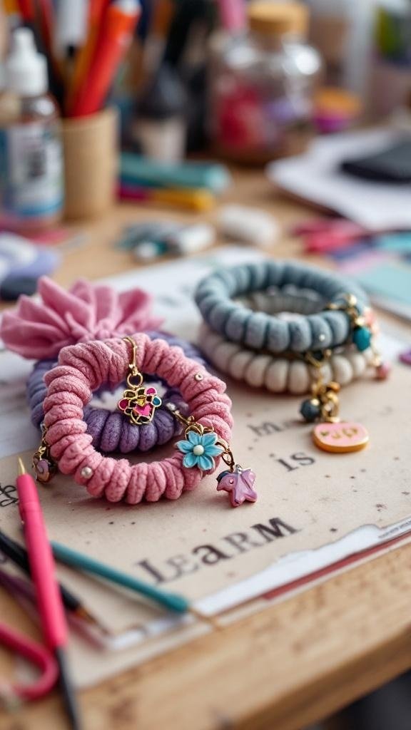Colorful hair ties with charms on a desk