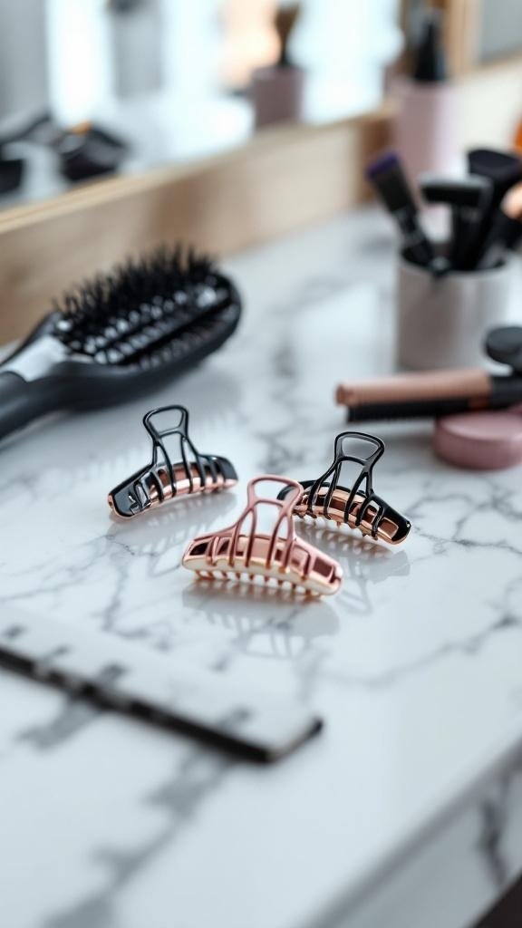 Magnetic hair clips in black and rose gold on a marble surface with a hairbrush and styling tools.