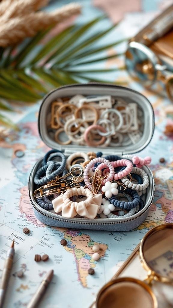 A travel-friendly hair accessories set in a small case on a map.