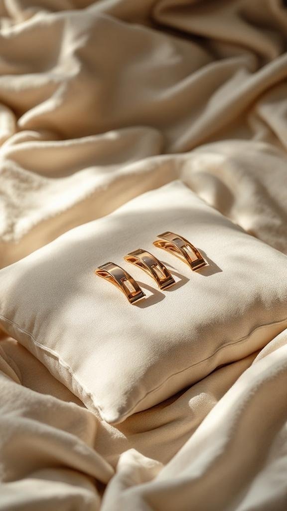 Three lightweight hair clips resting on a soft pillow.
