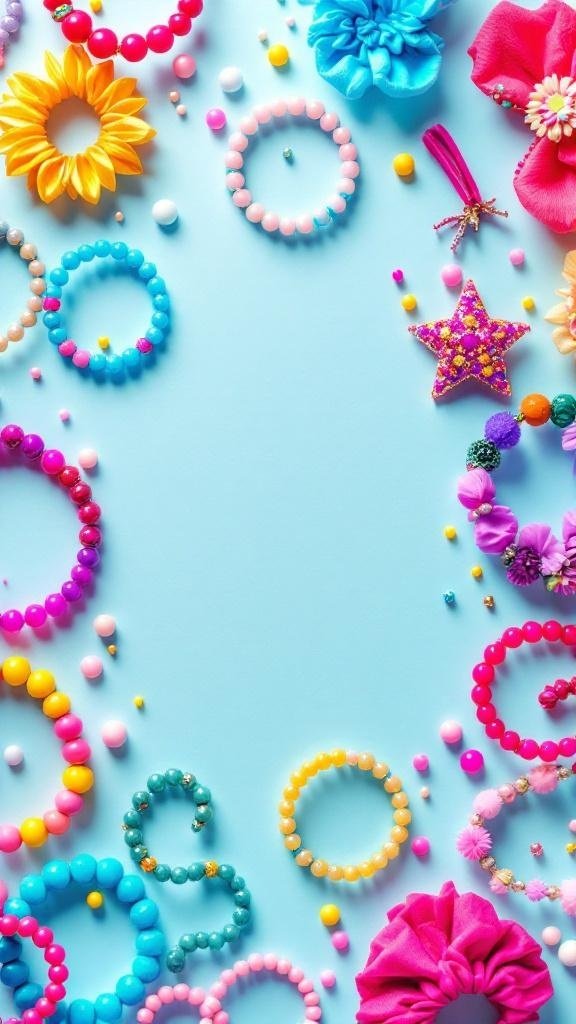 A variety of colorful beaded hair accessories on a blue background.