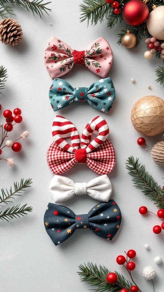 A collection of festive hair bows in various patterns and colors, surrounded by holiday decorations.