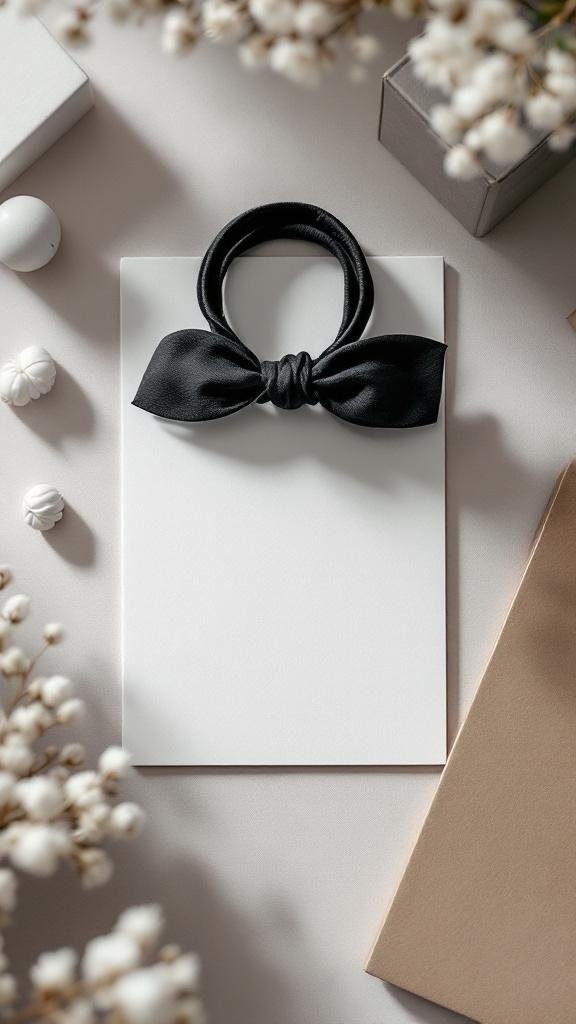 A classic black hair tie with a bow on a white card surrounded by decorative items.