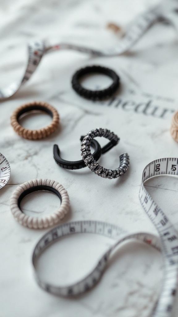 A collection of adjustable hair bands and clips on a marble surface with a measuring tape.