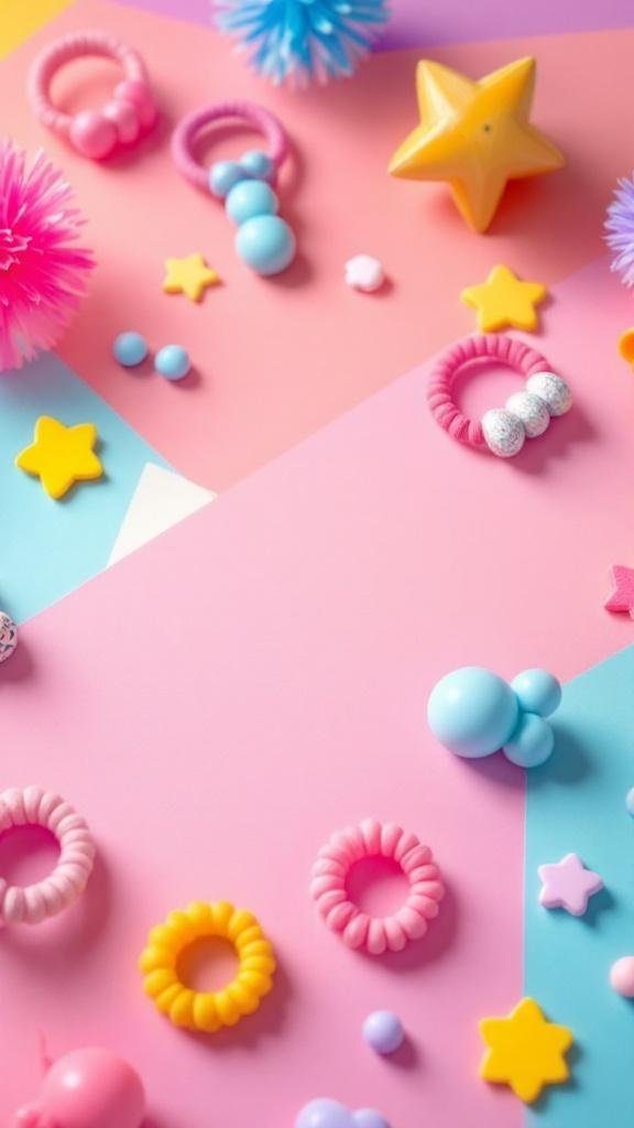 Colorful hair ties and clips in unique shapes on a pastel background.