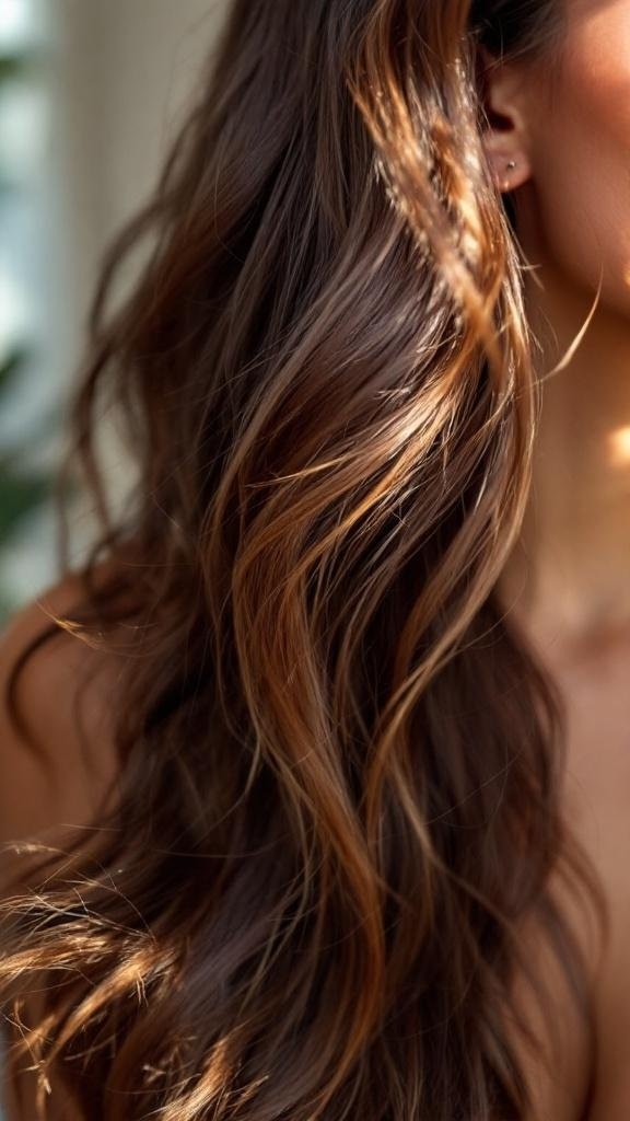 Close-up of dark hair with caramel highlights and lowlights.