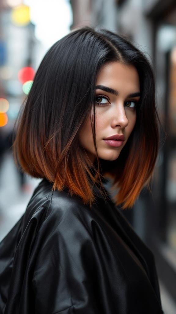Sleek black bob hairstyle with caramel highlights at the ends.