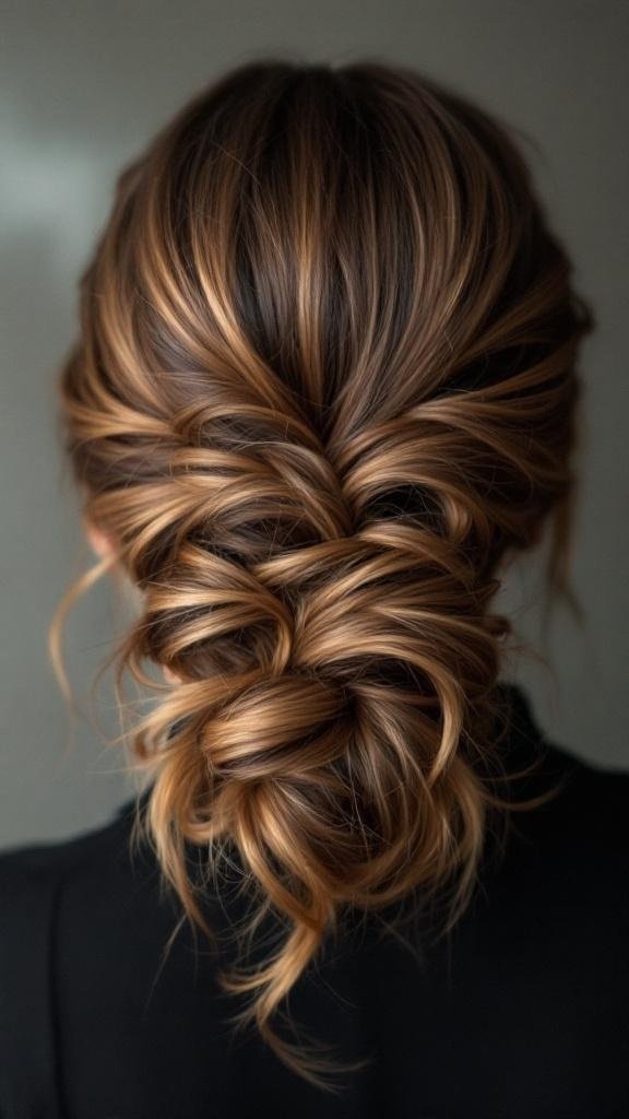 A hairstyle featuring ash brown hair with golden caramel highlights styled in an elegant updo.