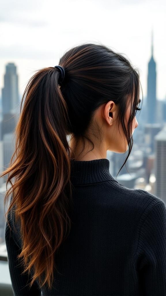 A woman with long jet black hair styled in a ponytail, featuring subtle caramel highlights, overlooking a city skyline.