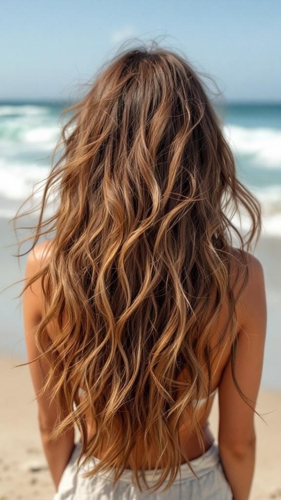 A woman with long, wavy hair featuring mahogany locks and caramel highlights, standing by the beach.