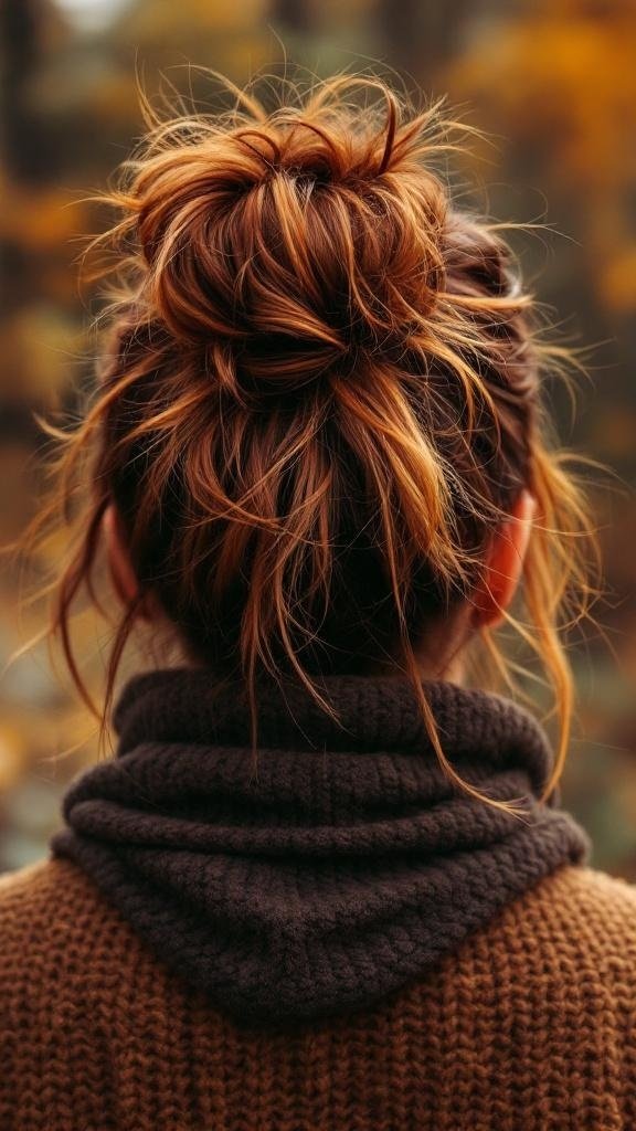 A woman with dark auburn hair styled in a messy bun, featuring bright caramel highlights.