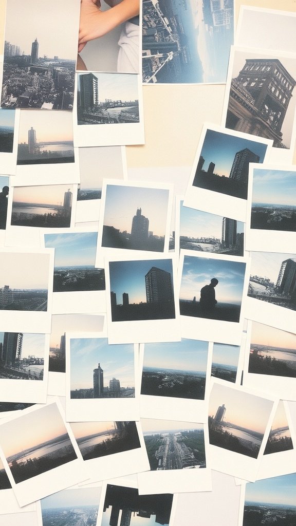 A collage of faded Polaroid photos featuring cityscapes and a person, creating a nostalgic and soft grunge aesthetic.