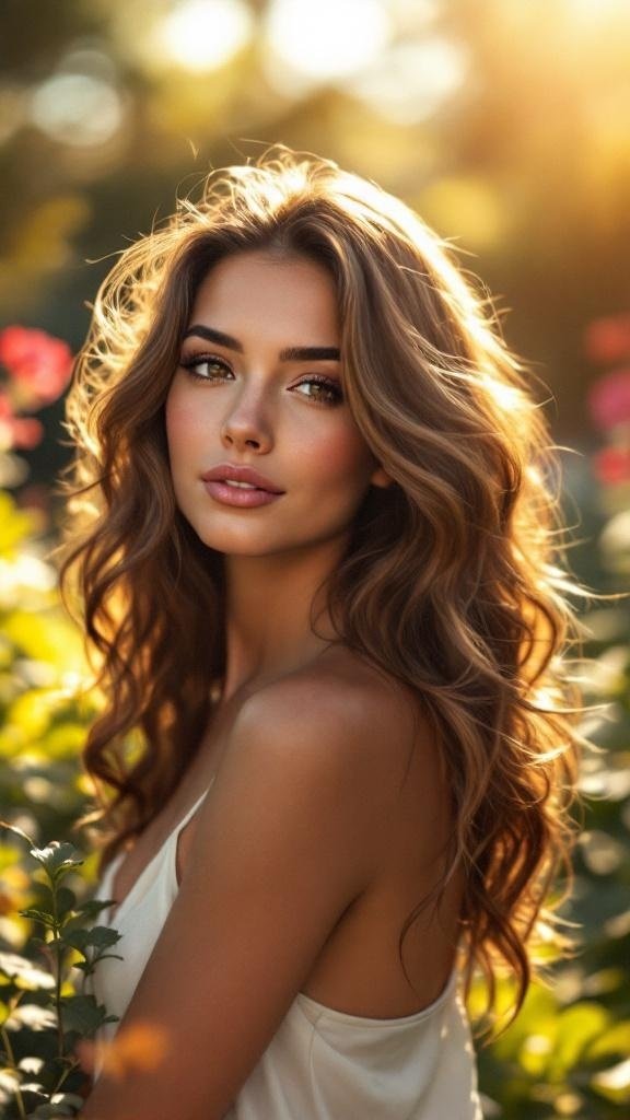 A woman with deep espresso hair and caramel highlights, surrounded by flowers in a sunlit setting.